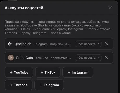 Окно «Аккаунты соцсетей»