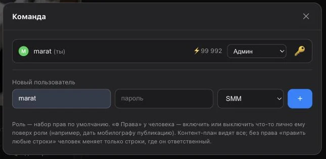 Окно «Команда»